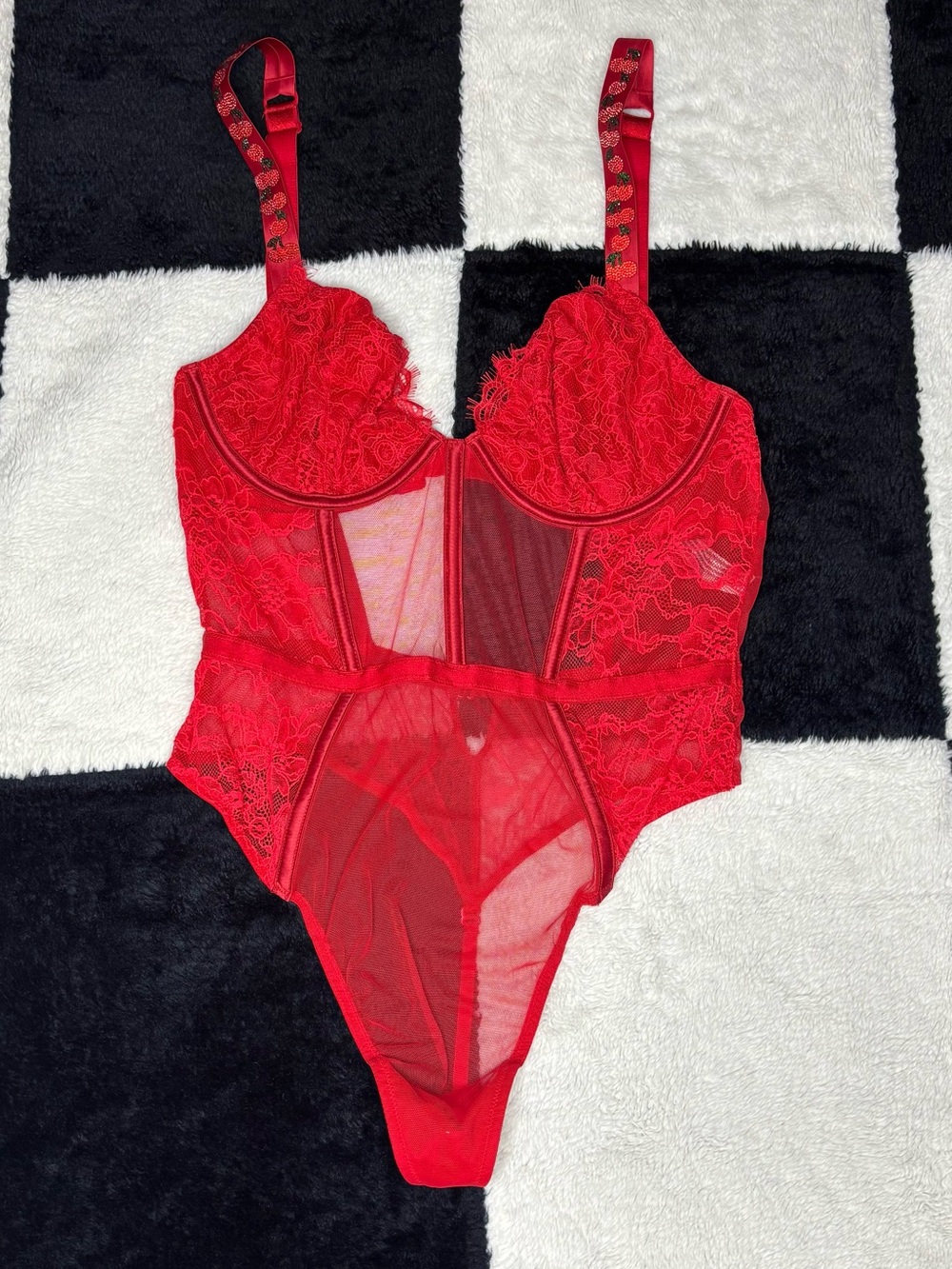 Victoria's Secret Red Lace & Mesh Bodysuit